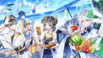 Rule 34 | 1girl, 4boys, :d, :t, banana, beach, beach umbrella, bird, black hair, black sash, blue eyes, blue hair, book, brown hair, buddha's temptation (the tale of food), butterfly hair ornament, chair, changpao, chinese clothes, closed eyes, closed mouth, cloud, coat, cooking, corsage, cowboy shot, dark blue hair, day, double-parted bangs, dr.k, dress, eating, eyeshadow, female master (the tale of food), food, fruit, gloves, gradient hair, grapes, grill, grilling, group picture, guava (fruit), hair between eyes, hair ornament, harbin fried pork (the tale of food), highres, holding, holding book, holding food, holding fruit, holding skewer, holding spatula, holding fruit, hu-geng (the tale of food), jacket, java apple, ladder, lapels, layered sleeves, long bangs, long hair, long sleeves, looking at viewer, lounge chair, low-tied sidelocks, makeup, male master (the tale of food), meat, medium hair, melon, multicolored hair, multiple boys, neck tassel, off shoulder, open book, open mouth, pants, parted bangs, pineapple, pink hair, pinstripe dress, pinstripe pattern, plate, reclining, red eyes, robe, salute, sash, seagull, ship, shirt, short hair, short hair with long locks, shoulder sash, shrug (clothing), sidelocks, single glove, single sidelock, skewer, sleeping, sleeveless, smile, spatula, standing, starfruit, steam, stepladder, strapless, strapless dress, string of flags, striped, tassel, the tale of food, two side up, umbrella, watercraft, watermelon, white gloves, white hair, white jacket, white pants, white robe, white shirt, wide sleeves, wing hair ornament, wispy bangs, yellow coat, yellow eyes, yellow eyeshadow, yellow jacket, yellow sash