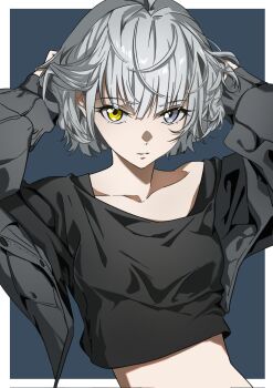 1girl bang_dream! bang_dream!_it's_mygo!!!!! black_shirt blue_background blue_eyes border breasts collarbone commentary grey_hair grey_jacket hair_between_eyes hands_in_own_hair hashtag-only_commentary heterochromia highres jacket kaname_raana kissshotmagia long_sleeves looking_at_viewer midriff open_clothes open_jacket outside_border parted_lips shirt short_hair simple_background small_breasts solo upper_body white_border yellow_eyes