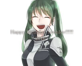 Rule 34 | 1girl, birthday, black jacket, black order uniform, breasts, character name, closed eyes, collared jacket, cross, d.gray-man, emblem, english text, eyelashes, facing viewer, green hair, hair between eyes, happy birthday, imasen (hakari kei), jacket, lenalee lee, long hair, medium breasts, open mouth, parted bangs, sidelocks, simple background, smile, solo, striped clothes, striped jacket, twintails, upper body, vertical-striped clothes, vertical-striped jacket, white background