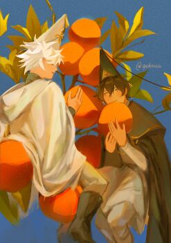 2boys black_hair cloak food fruit golden_hour hat highres hood hooded_cloak long_sleeves looking_at_another multiple_boys olruggio_(tongari_boushi_no_atelier) orange_(fruit) pants qekouu qifrey_(tongari_boushi_no_atelier) sitting tongari_boushi_no_atelier white_hair