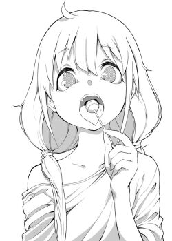 1girl candy commentary_request food futaba_anzu greyscale hair_tie holding holding_candy holding_food holding_lollipop idolmaster idolmaster_cinderella_girls lollipop low_twintails monochrome off_shoulder open_mouth shirt solo tongue tongue_out twintails upper_body yozo_(stanky)