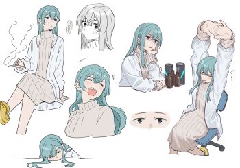 +++ 1girl arms_up black_eyes blue_hair blush bottle can cigarette closed_eyes crocs dress head_rest highres holding holding_cigarette interlocked_fingers jacket kyouko_(project:anemone) layered_sleeves long_hair long_sleeves multiple_views open_clothes open_jacket project:anemone simple_background sitting sleeping stretching sweater sweater_dress teshima_nari translation_request white_background white_jacket