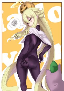 1girl angelia_avallone aq_interactive arcana_heart ass blonde_hair blush bodysuit breasts capelet covered_erect_nipples deep_skin drill_hair ere_(2516325) examu female_focus from_behind halloween halo hand_on_ass highres jack-o&#039;-lantern long_hair looking_down open_mouth pantylines parted_lips red_eyes skin_tight small_breasts solo spoken_squiggle squiggle stuffed_toy sweatdrop very_long_hair