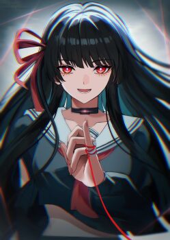 1girl absurdres arm_cutout black_choker black_hair black_serafuku black_shirt breasts chisa_(wuthering_waves) choker chromatic_aberration clothing_cutout collarbone commentary crop_top fingernails hair_ribbon hashtag-only_commentary highres long_hair long_sleeves looking_at_viewer medium_breasts mole mole_under_eye open_mouth red_eyes red_ribbon ribbon sailor_collar school_uniform serafuku shirt smile solo string string_of_fate toi_pngr upper_body white_sailor_collar wuthering_waves