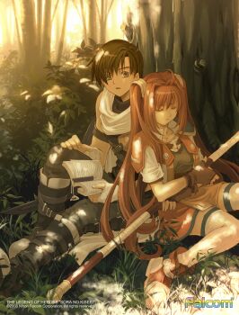 1boy 1girl absurdres ahoge antenna_hair armor artist_request black_hair bo_staff book boots brown_gloves brown_hair closed_eyes eiyuu_densetsu estelle_bright fingerless_gloves gloves grass hair_between_eyes hair_intakes highres holding holding_book holding_staff holding_weapon joshua_bright leaning_on_person long_hair looking_at_viewer official_art open_book outdoors over-kneehighs parted_bangs pauldrons scarf short_hair shorts shoulder_armor single_pauldron sitting skirt sleeping smile sora_no_kiseki staff swept_bangs thighhighs tree twintails very_long_hair weapon white_scarf