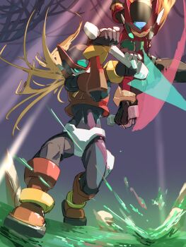 2boys absurdres armor blonde_hair energy_sword forehead_jewel helmet highres holding holding_sword holding_weapon long_hair male_focus mega_man_(series) mega_man_zero_(series) mega_man_zero_3 midair multiple_boys omega_(mega_man) omochi_(mochi_skymega) red_armor red_helmet standing sword water weapon z_saber zero(z)_(mega_man) zero_(mega_man)