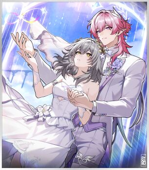 1boy 1girl absurdres alternate_costume armlet artist_name bare_shoulders bow bowtie breasts bridal_veil bride cleavage clothing_cutout collared_shirt commentary couple cowboy_shot cyrene_(honkai:_star_rail) cyrene_(ripples_of_past_reverie)_(honkai:_star_rail) dress dress_flower earrings english_commentary flower formal_clothes front-to-back genderswap genderswap_(ftm) gradient_hair grey_hair groom hair_ornament hand_up heart heart_o-ring hetero highres holding_hands honkai:_star_rail honkai_(series) jacket jewelry long_hair medium_breasts moonimu_art multicolored_hair necklace o-ring o-ring_thigh_strap pants parted_lips pearl_necklace pink_hair pointy_ears purple_eyes ring shirt stelle_(honkai:_star_rail) strapless strapless_dress suit suit_jacket thigh_strap trailblazer_(honkai:_star_rail) veil very_long_hair wedding_dress wedding_ring white_dress white_jacket white_pants white_shirt wind yellow_eyes