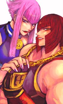 1girl 2girls absurdres blue_eyes christianity commentary flag_nails green_eyes highres holding_hands jewelry manon_legrand marisa_(street_fighter) mole mole_under_eye multiple_girls muscular muscular_female necklace pink_hair red_hair red_nails short_hair short_hair_with_long_locks street_fighter street_fighter_6 white_background zuman_(zmnjo1440)