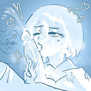 1boy 1girl after_fellatio ahoge anger_vein araragi_koyomi azmcch black_eyes blue_background blue_theme blush bob_cut bukkake collared_shirt commentary cum cum_bubble cum_in_mouth cum_on_hair drawn_heart dress_shirt ejaculation empty_eyes erection fellatio furrowed_brow hair_between_eyes hair_over_one_eye handjob highres juliet_sleeves large_penis licking licking_penis long_sleeves monochrome monogatari_(series) naoetsu_high_school_uniform narrowed_eyes naughty_face nose_bubble open_mouth oral oshino_ougi pants penis puffy_long_sleeves puffy_sleeves school_uniform sex shirt short_hair solo_focus speech_bubble spoken_character steam steaming_body sweatdrop tongue tongue_out untranslatable_commentary