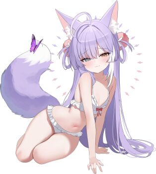 1girl :3 absurdres ahoge animal_ears bare_arms bare_shoulders bikini blue_eyes breasts bug butterfly closed_mouth fox_ears fox_girl fox_tail frilled_bikini frills hair_ornament hair_rings heterochromia highres insect loli long_hair looking_at_viewer nannung navel pom_pom_(clothes) pom_pom_hair_ornament purple_hair simple_background small_breasts smile solo spaghetti_strap stellive stomach string_bikini swimsuit tail tenko_shibuki thighs very_long_hair virtual_youtuber white_background white_bikini yellow_eyes