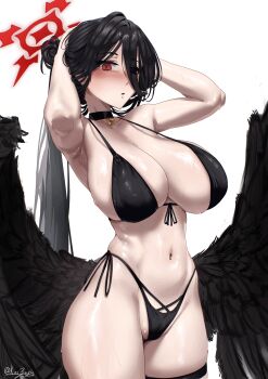 Rule 34 | 1girl, absurdres, armpits, bikini, black bikini, black choker, black hair, black wings, blue archive, breasts, choker, cowboy shot, eyes visible through hair, hair over one eye, halo, hasumi (blue archive), hasumi (swimsuit) (blue archive), highres, kaizuzu, large breasts, long hair, looking at viewer, navel, parted lips, red eyes, red halo, side-tie bikini bottom, simple background, solo, stomach, sweat, swimsuit, tying hair, white background, wings