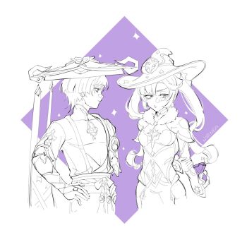 Rule 34 | 1boy, 1girl, animal print, argyle background, armor, arms at sides, arms behind back, artist name, asymmetrical bangs, averting eyes, belt, bird print, blunt bangs, blunt ends, bodysuit, bridal gauntlets, brooch, capelet, choker, closed mouth, covered collarbone, crescent, crescent hat ornament, cropped torso, detached sleeves, earrings, elbow gloves, feathers, fur capelet, furisode, gem, genshin impact, gift, gloves, greyscale, greyscale with colored background, hand on own arm, hands on own hips, hat, hat ornament, hetero, highres, holding, holding gift, japanese armor, japanese clothes, jewelry, jingasa, juban, kimono, kote, layered sleeves, leotard, light smile, long hair, looking at another, looking down, mandarin collar, middle ring, mona (genshin impact), mona (pact of stars and moon) (genshin impact), monochrome, negative space, nyanea, open clothes, open kimono, pom pom (clothes), ponytail holder, purple background, purple bag, rope, sash, scaramouche (genshin impact), short sleeves, shorts, side cape, sidelocks, star (symbol), star brooch, star choker, star earrings, star hat ornament, tsurime, twintails, vision (genshin impact), wanderer (genshin impact), witch hat