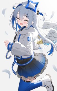 1girl amane_kanata amane_kanata_(work) angel_wings black_skirt blue_hair blue_skirt blue_thighhighs closed_eyes colored_inner_hair commentary_request cropped_jacket facing_viewer feathered_wings feathers foot_out_of_frame frilled_skirt frills gradient_clothes gradient_skirt halo highres hololive hood hooded_jacket jacket long_hair long_sleeves multicolored_hair open_mouth pleated_skirt shoes simple_background single_hair_intake single_thighhigh skirt smile solo standing standing_on_one_leg star_halo thighhighs virtual_youtuber white_background white_jacket white_shoes white_wings wings yoru_no_yayoi