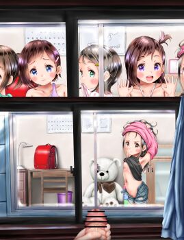 1boy 5girls absurdres ass backpack bag bar_censor before_and_after black_hair blush breasts censored cleft_of_venus clothes_lift clothes_pull denim denim_shorts dorm flashing flat_chest from_outside hetero higeepon highres huge_filesize loli long_hair looking_at_viewer map mosaic_censoring multiple_girls night nipples penis pov randoseru shirt_lift shorts shorts_pull small_breasts split_screen standing stuffed_toy tagme thighs third-party_edit undressing voyeur_pov voyeurism window