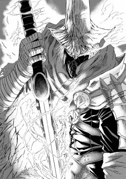 1boy 913kousatu absurdres abyss_watcher bandaged_arm bandages cape commentary_request dark_souls_(series) dark_souls_iii fire flaming_sword flaming_weapon greyscale hat highres holding holding_sword holding_weapon looking_at_viewer male_focus mask masked monochrome shirt short_hair solo sword upper_body weapon