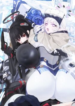2girls ass back black_bodysuit black_hair blue_archive blush bodysuit breasts chinese_commentary commentary_request covered_erect_nipples gloves grey_jacket gun hair_ornament hair_tubes halo head-mounted_display high_ponytail highres himari_(armed)_(blue_archive) himari_(blue_archive) hover_bike jacket large_breasts long_hair long_sleeves looking_at_viewer looking_back mixed-language_commentary multiple_girls open_mouth partial_commentary pointy_ears ponytail purple_eyes red_eyes rio_(armed)_(blue_archive) rio_(blue_archive) sidelocks thighs weapon white_bodysuit white_gloves white_hair xiujia_yihuizi