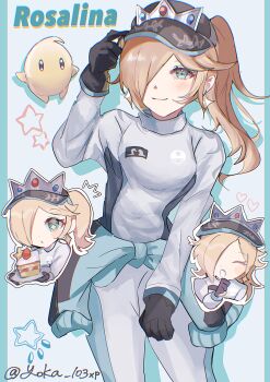 Rule 34 | 1girl, absurdres, biker clothes, bikesuit, blonde hair, blue eyes, blush, bodysuit, breasts, cake, cake slice, closed eyes, closed mouth, clothes around waist, crown, crown hat, earrings, food, gloves, hair over one eye, hat, highres, holding, jacket, jacket around waist, jewelry, long hair, long sleeves, looking at viewer, luma (mario), mario (series), mario kart, mario kart world, nintendo, official alternate costume, open mouth, plate, ponytail, racing suit, rosalina, rosalina (pro racer), shirt, smile, solo, star (symbol), star earrings, super mario galaxy, tight clothes, tight shirt, yoka (103xp)