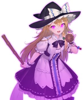 1girl black_bow black_bowtie black_hat blonde_hair bow bowtie braid broom center_frills curiosities_of_lotus_asia eho_(icbm) frills game_cg green_bow hair_bow hat hat_bow holding holding_broom kirisame_marisa labyrinth_of_touhou_(series) labyrinth_of_touhou_tri long_hair looking_at_viewer mini-hakkero non-web_source official_alternate_costume official_art open_mouth possessed puffy_short_sleeves puffy_sleeves purple_theme short_sleeves side_braid single_braid smile solo touhou transparent_background very_long_hair white_bow witch_hat wrist_cuffs yellow_eyes