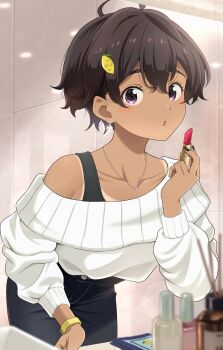 ahoge breasts brown_hair collarbone commentary_request cosmetics denim denim_skirt earrings food-themed_hair_ornament grid_background hair_ornament hand_up highres holding holding_lipstick_tube jewelry leaning_forward lemon_hair_ornament lipstick_tube long_sleeves looking_at_viewer make_heroine_ga_oo_sugiru! makeup medium_breasts necklace off-shoulder_shirt off_shoulder omio open_mouth purple_eyes shirt short_hair skirt sports_bra tan tanline tanline_peek watch wristwatch yakishio_lemon