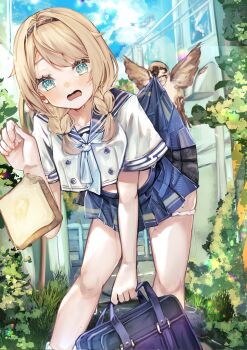 1girl bag bird blonde_hair blue_eyes blue_neckerchief blue_skirt blue_sky braid bread commentary_request food grass highres hololive kazama_iroha long_hair neckerchief open_mouth panties panty_pull plant sailor_collar school_uniform skirt sky socks twin_braids underwear virtual_youtuber white_socks yuzuno_wagiri