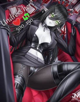 1girl artist_name black_boots black_hair black_jacket black_pantyhose blood blood_bag boots breasts clenched_teeth coffin colored_skin commentary english_commentary green_eyes grey_skin hair_between_eyes heart highres indie_virtual_youtuber inverted_cross_earrings jacket jnstudio layna_lazar long_hair navel open_clothes open_jacket pantyhose pasties pointy_ears solo syringe_hair_ornament teeth thigh_boots twitter_strip_game twitter_username virtual_youtuber