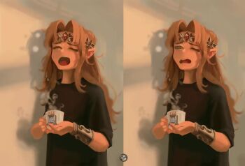 Rule 34 | 1girl, 2koma, animated, artist name, blonde hair, closed eyes, clothing request, coffee, coffee mug, comic, crown, cup, dana (ocana dana), headgear, jewelry, long hair, mug, nintendo, one eye closed, open mouth, pointy ears, princess zelda, shirt, simple background, sleepy, steam, sword, t-shirt, tagme, teeth, the legend of zelda, tongue, video, waking up, weapon, wristband, yawning, zzz