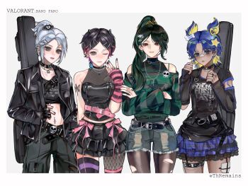 4girls absurdres alternate_costume alternate_universe bandaid bandaid_on_face bandaid_on_nose belt belt_buckle black_belt black_choker black_eyes black_gloves black_jacket black_nails black_pants black_pantyhose black_shirt black_skirt black_sleeves black_thighhighs blonde_hair blue_eyes blue_hair blue_nails blue_skirt bone_hair_ornament bow buckle butterfly_ring cat_belt_buckle chinese_commentary choker closed_mouth clove_(valorant) collarbone colored_tips commentary_request crop_top cross crossed_arms curtained_hair dark-skinned_female dark_skin denim denim_shorts detached_sleeves dingli english_text fang fang_out fingerless_gloves fishnet_pantyhose fishnets freckles genderswap genderswap_(otf) gloves green_hair green_shirt grey_hair hair_ornament hairclip heart heart_hair_ornament heart_necklace highres instrument_case instrument_case_on_back jacket jett_(valorant) jewelry lace lace-trimmed_skirt lace_trim lapels long_hair miniskirt multicolored_hair multicolored_nails multiple_girls navel navel_piercing necklace neon_(valorant) off-shoulder_shirt off_shoulder open_clothes open_jacket pants pantyhose piercing pink_arm_warmers pink_belt pink_bow plaid_clothes plaid_skirt pleated_skirt ponytail red_eyes sage_(valorant) shirt short_hair shorts single_leg_pantyhose skin_fang skirt sleeveless sleeveless_shirt smile star_(symbol) star_hair_ornament star_necklace star_print striped_clothes striped_shirt thigh_strap thighhighs torn_clothes torn_pantyhose two-tone_hair valorant x_hair_ornament