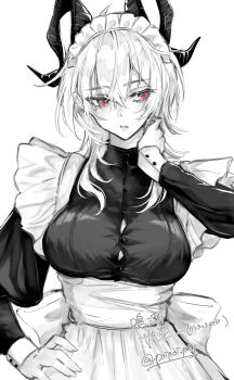 1girl absurdres aegyo_sal alternate_costume apron artist_name breasts button_gap commentary_request curled_horns enmaided greyscale hair_between_eyes hand_on_own_hip hand_on_own_neck highres horns large_breasts long_hair long_sleeves looking_to_the_side maid maid_headdress mole mole_under_eye monochrome parted_lips pixiv red_eyes root_(050710root) simple_background solo spot_color waist_apron white_background wuthering_waves zani_(wuthering_waves)