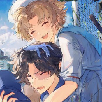 2boys :d ^_^ absurdres beret black_hair blonde_hair blue_gloves blue_sky bridge_piercing closed_eyes face_piercing fang freckles gloves hair_intakes hand_around_neck hand_in_another&#039;s_hair hand_on_another&#039;s_head hat highres holding holding_unworn_clothes holding_unworn_hat identity_v jacket_around_neck light_blush male_focus mike_morton mike_morton_(ace) multiple_boys norton_campbell norton_campbell_(wild_pitch) open_mouth piercing scar scar_across_eye scar_on_face shirt sky small_sweatdrop smile stitched_mouth stitches sweat unworn_hat unworn_headwear upper_body white_shirt xiaomianduoshao yaoi