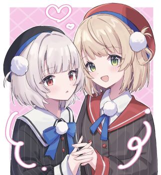 2girls :d beret black_hat black_jacket blonde_hair blue_bow blue_bowtie blue_ribbon blush bow bowtie braid collared_shirt dress_shirt embarrassed green_eyes grey_hair grey_jacket hair_ornament hair_rings hat heart height_difference holding_hands indie_virtual_youtuber interlocked_fingers jacket kuromoko long_sleeves looking_at_viewer multiple_girls neck_ribbon open_mouth pink_background pinstripe_jacket pinstripe_pattern pom_pom_(clothes) pom_pom_hair_ornament red_eyes red_hat red_sailor_collar ribbon sailor_collar school_uniform shigure_ui_(vtuber) shigure_ui_(vtuber)_(1st_costume) shirt short_hair side_braid side_part side_up_ring sleeve_cuffs smile two_side_up ui_(voisona) upper_body virtual_youtuber voisona white_shirt
