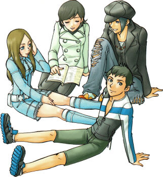 2boys 2girls artist_request bead_necklace beads belt between_legs black_hair black_hat black_jacket black_pants black_vest blue_dress book book_on_lap brown_hair closed_eyes coat demi-fiend denim denim_boots denim_dress dress hand_between_legs hand_on_own_head hat hat_over_one_eye highres jacket jeans jewelry long_hair looking_at_viewer multiple_boys multiple_girls necklace nitta_isamu non-web_source official_art pants peacoat scan shin_megami_tensei shin_megami_tensei_iii:_nocturne shoes short_hair shorts sitting smile sneakers tachibana_chiaki_(megami_tensei) takao_yuko teacher_and_student torn_clothes torn_jeans torn_pants vest white_background white_coat zipper