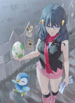 1girl alternate_breast_size_(larger) bird black_hair black_socks blue_eyes blue_hair boots breasts closed_eyes dawn_(pokemon) egg fence gen_4_pokemon hair_ornament hairclip highres holding kneehighs long_hair medium_breasts nintendo open_mouth outdoors penguin pink_boots pink_skirt piplup poke_ball pokemon pokemon_(creature) pokemon_dppt pokemon_egg poster_(object) puddle rain red_scarf revvie ripples scarf shirt skirt sleeveless smile socks team_galactic team_rocket ultra_ball wet wet_clothes