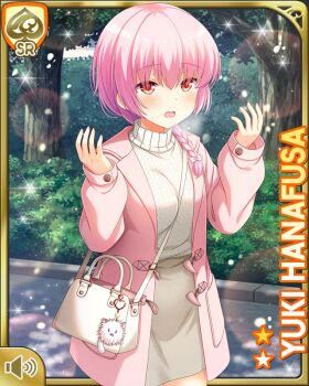 1girl bag braid braided_ponytail card_(medium) day dress girlfriend_(kari) grey_sweater hanafusa_yuki handbag jacket official_art open_mouth outdoors pink_hair pink_jacket ponytail qp:flapper red_eyes scrunchie solo standing surprised sweater sweater_dress tagme