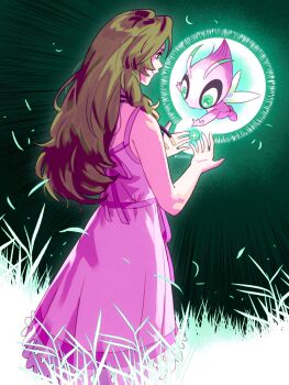 1girl 1other aerith_gainsborough antennae bare_arms bare_shoulders black_choker brown_hair celebi choker closed_mouth dress emi-bianchi fairy_wings final_fantasy final_fantasy_vii final_fantasy_vii_rebirth final_fantasy_vii_remake flying gen_2_pokemon green_eyes highres legendary_pokemon long_dress long_hair materia mythical_pokemon nintendo outstretched_hand parted_bangs pink_dress pokemon pokemon_(creature) sidelocks sleeveless sleeveless_dress smile twitter_username wings