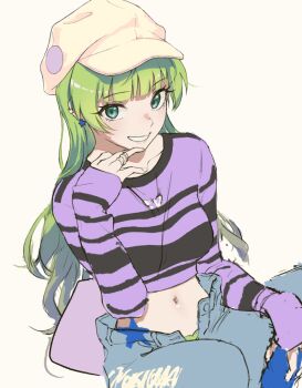 Rule 34 | 1girl, commentary request, denim, green eyes, green hair, grin, hat, hodoyoi, idolmaster, idolmaster million live!, jeans, long hair, long sleeves, looking at viewer, midriff, navel, pants, partial commentary, purple shirt, shimabara elena, shirt, simple background, sitting, sleeves past wrists, smile, solo, striped clothes, striped shirt