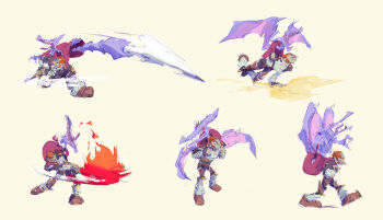 1boy absurdres banjo-kazooie black_gloves black_shorts breath_weapon breathing_fire brown_pants closed_eyes closed_mouth cloud colored_skin dragon fighting fingerless_gloves fire flying ganondorf gloves grey_skin grey_tunic highres jason_lupas metroid motion_lines multiple_views nintendo pants parody pointy_nose red_eyes ridley shorts simple_background smile super_smash_bros. the_legend_of_zelda tunic walking yellow_background