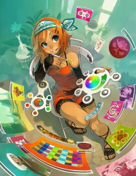 1girl aqua_eyes bare_shoulders bracelet chair dark-skinned_female dark_skin detached_sleeves drawing_tablet feet female_focus floating_screen from_above grin headband jewelry orange_hair original paint_palette sandals short_hair shorts sitting smile solo stylus toes xaxaxa