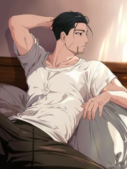 Rule 34 | 1boy, adam's apple, arm behind head, black hair, brown pants, collarbone, facial hair, goatee stubble, golden kamuy, highres, male focus, ogata hyakunosuke, pants, pillow, reclining, scar, scar on face, shirt, short hair, short sleeves, solo, spread legs, stubble, undercut, washiko (rasuko), white shirt