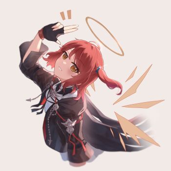 Rule 34 | 1girl, :d, absurdres, arknights, arm up, black gloves, black jacket, commentary, cropped torso, detached wings, exusiai (arknights), exusiai the new covenant (arknights), fingerless gloves, glint, gloves, grey background, grin, halo, highres, jacket, looking at viewer, notice lines, one side up, open mouth, origami-hui, red hair, shirt, short hair, simple background, smile, solo, traditional halo, white shirt, wings, yellow eyes, yellow halo