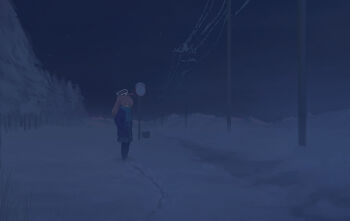 Rule 34 | 1girl, ahoge, blue archive, blue eyes, full body, halo, hashtag-only commentary, heterochromia, highres, hoshino (blue archive), jaeb (kkrt0302), long hair, long sleeves, night, outdoors, pink hair, power lines, scarf, skirt, sky, snow, solo, standing, star (sky), starry sky, tree, utility pole, yellow eyes