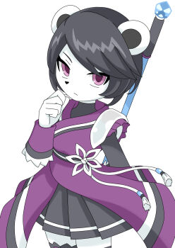 1girl animal_ears animal_nose arm_guards bad_tag black_hair black_skirt chinese_knot commentary_request eyelashes freedom_planet freedom_planet_2 furry furry_female neera_li panda panda_ears panda_girl polearm purple_eyes sherasu short_hair skirt weapon white_background white_fur