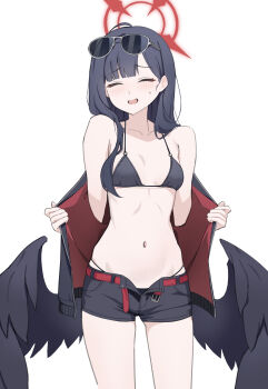 1girl absurdres belt bikini bikini_bottom_under_shorts bikini_under_clothes black_bikini black_hair black_jacket black_shorts black_wings blue_archive blush closed_eyes commentary_request cross_halo eyewear_on_head feathered_wings halo highres ichika_(blue_archive) ichika_(swimsuit)_(blue_archive) jacket long_hair low_wings o-ring o-ring_bikini o-ring_top official_alternate_costume open_clothes open_fly open_shorts red_belt red_halo ryaa shorts solo sunglasses swimsuit very_long_hair wings