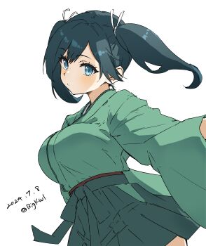 1girl absurdres bigkwl blue_eyes blue_hair breasts green_hakama green_kimono hair_ribbon hakama hakama_short_skirt hakama_skirt highres japanese_clothes kantai_collection kimono large_breasts long_hair ribbon skirt solo souryuu_(kancolle) twintails white_ribbon