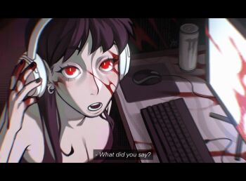 1girl black_camisole black_hair black_nails blood blood_on_face blood_on_hands blurry breasts camisole can chromatic_aberration cleavage commentary computer_keyboard computer_mouse drink_can earrings energy_drink gluca headphones highres jewelry medium_breasts monitor monster_energy open_mouth original red_eyes solo symbol-only_commentary table upper_body