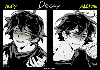 1boy :d absurdres ahoge andrew_graves annoyed bags_under_eyes between_fingers black_border border bright_pupils character_name chinese_commentary cigarette clenched_teeth commentary_request crying crying_with_eyes_open despair double-parted_bangs english_text fingernails from_above green_eyes hair_between_eyes hand_up hands_up highres holding holding_cigarette male_focus multiple_views open_mouth portrait raised_inner_eyebrows shaded_face short_hair simple_background smile spoilers spot_color sweater tears teeth the_coffin_of_andy_and_leyley tongue upturned_eyes v-shaped_eyebrows white_background zayaaa_zaya