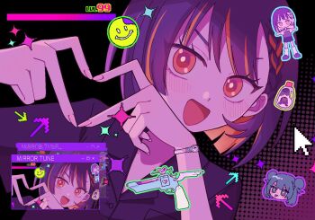 Rule 34 | 2girls, :p, arrow (symbol), ben-day dots, blue hair, blunt bangs, chibi, chibi inset, choucho (myon/tokipi), colored inner hair, cursor, cute weapon, eyes visible through hair, fingernails, four-finger heart hands, grey shirt, gun, heart, heart hands, iworuru, mirror tune (zutomayo), multicolored hair, multiple girls, nira-chan, nira-chan (mirror tune) (zutomayo), open mouth, orange eyes, orange hair, purple hair, screentones, shirt, short hair, smiley face, solo focus, song name, streaked hair, tongue, tongue out, v-shaped eyebrows, watch, weapon, window (computing), wristwatch, zutto mayonaka de ii no ni