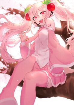 Rule 34 | 1girl, ahoge, arm tattoo, blush, branch, breasts, cherry hair ornament, collared shirt, commentary request, detached sleeves, floral print, flower, food-themed hair ornament, hair between eyes, hair ornament, hatsune miku, headphones, highres, hijiri (sacra 0419), long hair, long sleeves, looking at viewer, medium breasts, miku day, necktie, number tattoo, official alternate costume, open mouth, pink eyes, pink flower, pink hair, pink necktie, pink skirt, sakura miku, shirt, sitting, sitting on branch, skirt, sleeveless, sleeveless shirt, solo, spring (season), tattoo, twintails, very long hair, vocaloid, white trim, wide sleeves