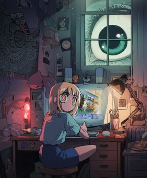 2girls aqua_eyes bed bedroom blonde_hair blue_shorts cactus carles_dalmau cat character_doll commentary computer computer_keyboard computer_mouse computer_tower crt cup curtains desk desk_lamp doll eyelashes food giant green_day hello_kitty hello_kitty_(character) highres indoors kenny_mccormick lamp lava_lamp looking_back looking_inside medium_hair monitor mousepad_(object) mug multiple_girls original pizza plate poster_(object) red_eyes sanrio scissors sex_pistols shirt shirt_tucked_in short_sleeves shorts sitting smiley_face solo_focus south_park speaker stool stuffed_toy sweatdrop symbol-only_commentary the_sims webcam window