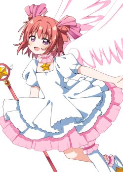 1girl :d ahoge akaza_akari blush cardcaptor_sakura choker commentary commission cosplay dot_nose double_bun dress feathered_wings foot_out_of_frame frilled_choker frilled_dress frilled_socks frilled_thighhighs frills hair_bun hair_ribbon haru_(konomi_150) highres hoshi_no_tsue kinomoto_sakura kinomoto_sakura_(cosplay) looking_at_viewer open_mouth pink_choker pink_ribbon pink_wings pixiv_commission purple_eyes red_hair ribbon short_hair short_sleeves simple_background single_sock single_thighhigh smile socks solo star_(symbol) star_choker thighhighs white_background white_dress white_socks white_thighhighs wings yuruyuri
