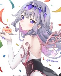 Rule 34 | 1girl, arm garter, armlet, backless dress, backless outfit, bare back, birthday, birthday cake, blush, cake, cake slice, candle, circlet, closed mouth, colored inner hair, commentary, confetti, detached sleeves, detached wings, dress, english commentary, food, from side, fruit, gem, grey hair, hair flaps, hand jewel, hand up, headpiece, highres, holding, holding plate, hololive, hololive english, koseki bijou, koseki bijou (1st costume), long hair, looking at viewer, multicolored hair, plate, purple eyes, purple gemstone, purple hair, sidelocks, simple background, single detached sleeve, smile, solo, strapless, strapless dress, strawberry, twitter username, upper body, varliet, very long hair, virtual youtuber, white background, white dress, white sleeves, wings